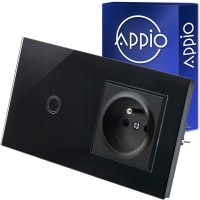 Gniazdo z bolcem + wyłącznik LED pojedynczy czarny