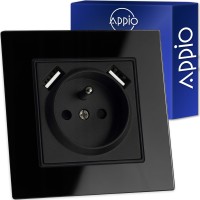 Kontakt Gniazdo Elektryczne Z Bolcem Szklane Pojedyncze Czarne 2x USB fi60