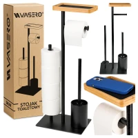 Metalowy Stojak Na Papier Toaletowy + Uchwyt Na Szczotka Półka Bambusowa