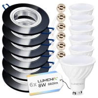 Zestaw 6x Żarówka GU10 8W LED + Oprawa Szklana Czarna Lustrzana Okrągła